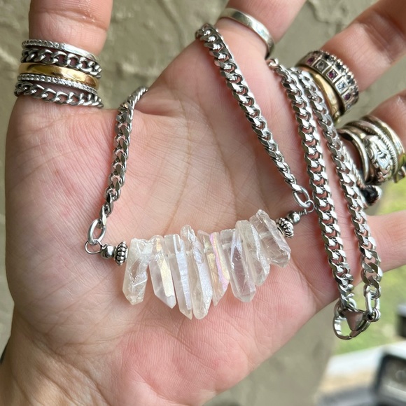 Angel aura crystal quartz on stainless steel chain boho goth choker necklace - Picture 6 of 10
